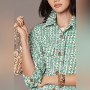 Anthropologie Green White Tweed Gingham Blazer